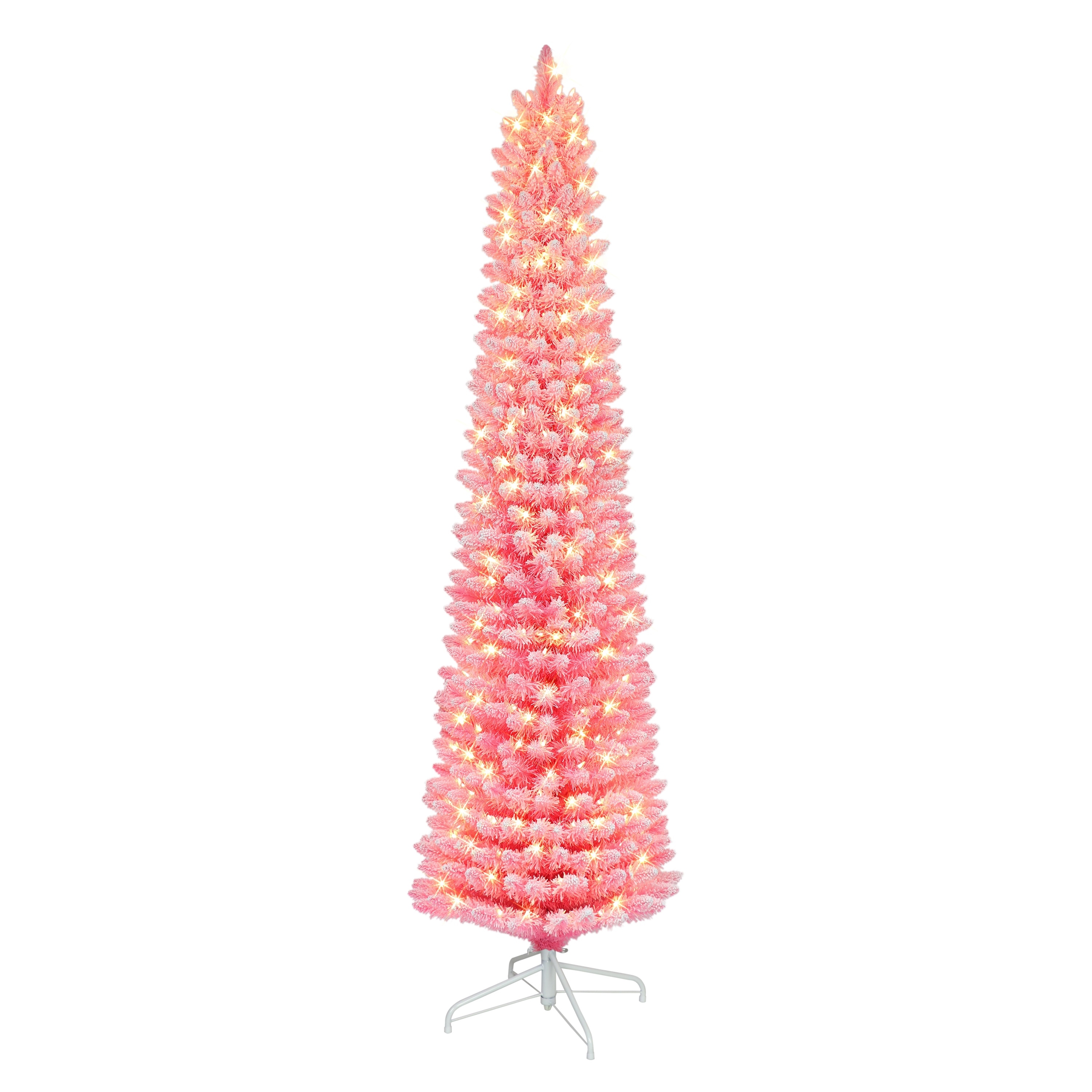 Puleo International 7.5 ft. Pre-lit Flocked Fashion Pink Pencil Artificial Christmas Tree