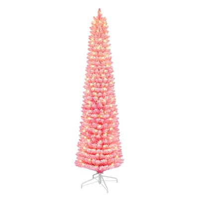 Puleo International 6.5 ft. Pre-lit Flocked Fashion Pink Pencil Artificial Christmas Tree