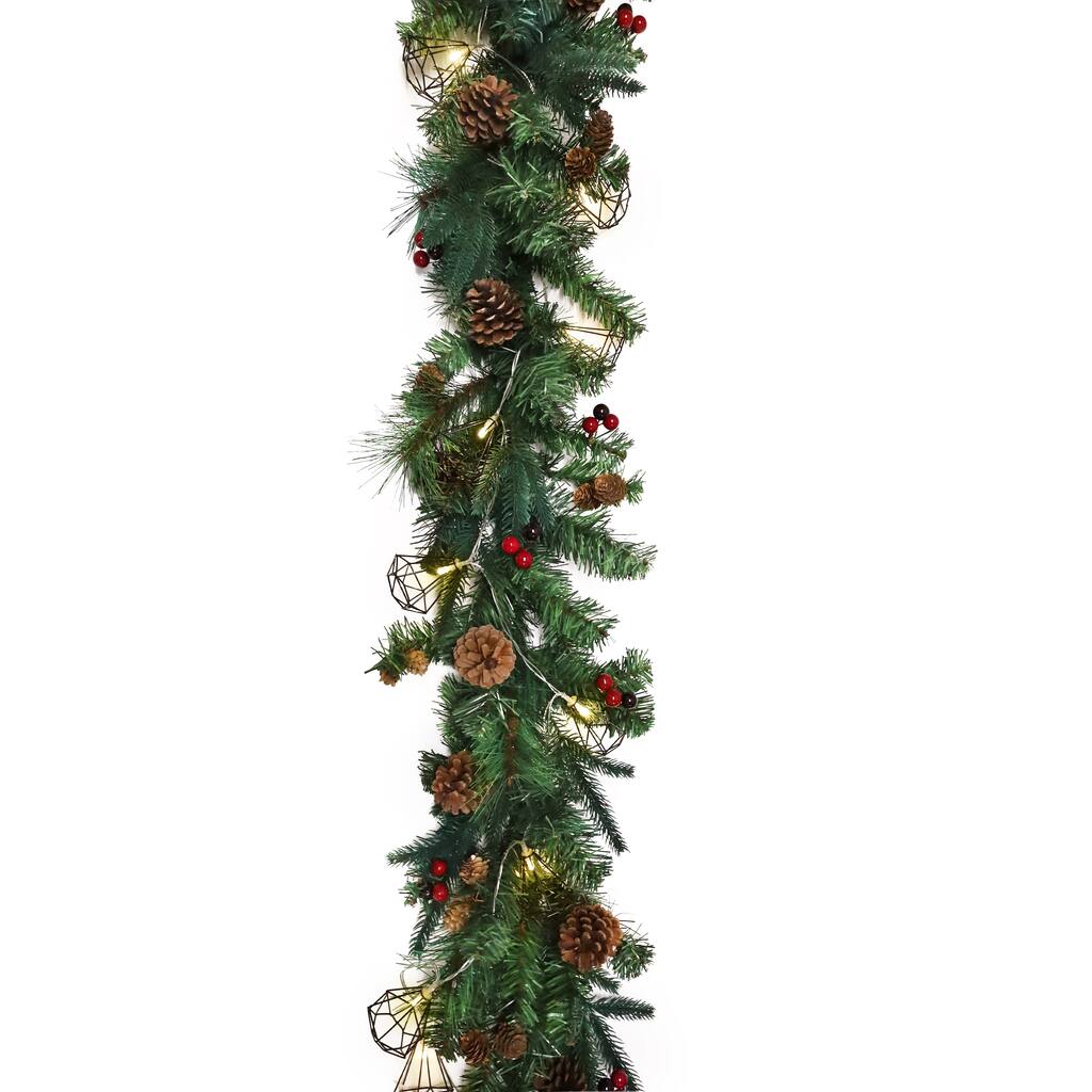 6ft Artificial Mixed Berry Pine Cone & Pine Christmas Garland with Geometric Crystal String Light Set - 72" L x 9" W x 6" DP