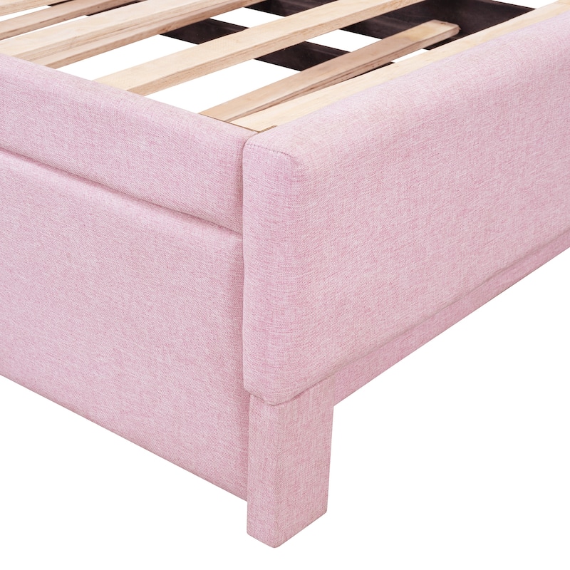 L-Shaped Backrest Platform Bed, Twin to King Extendable Daybed, Linen Upholstered Low Profile Panel Bed with Pop Up Trundle