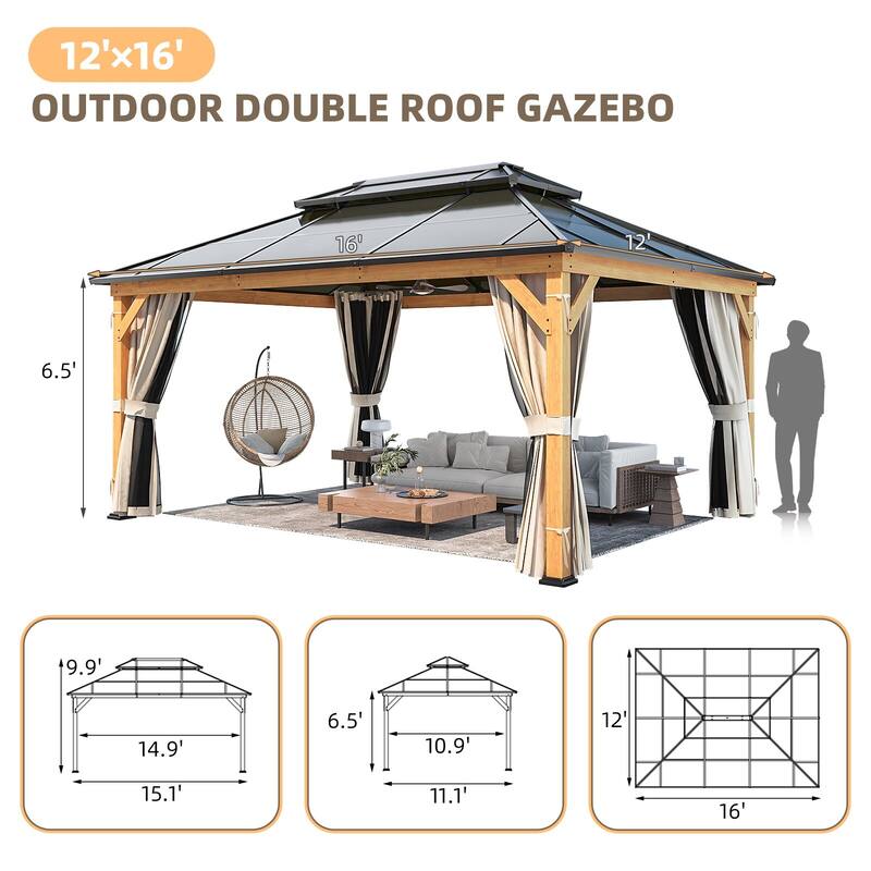 EROMMY Outdoor Wood Gazebo with Double Polycarbonate Roof, Heavy Duty Backyard Patio Pergola Canopy for Garden Shade