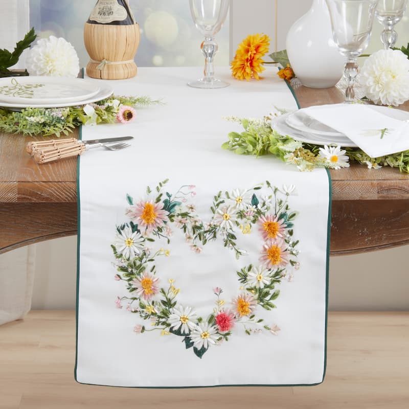 Floral Heart Embroidered Table Runner - Non-Reversible Decorative Table Runner for Dining Tables, 16"x72"