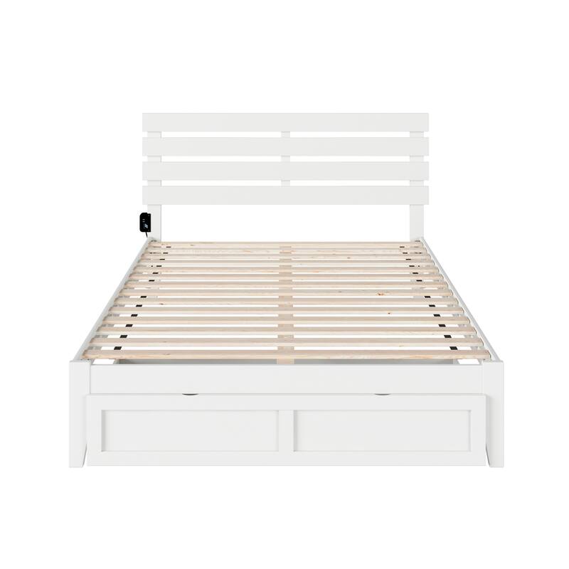 Bed with Storage & USB Charger - Modern Design, No Box Spring Needed - White