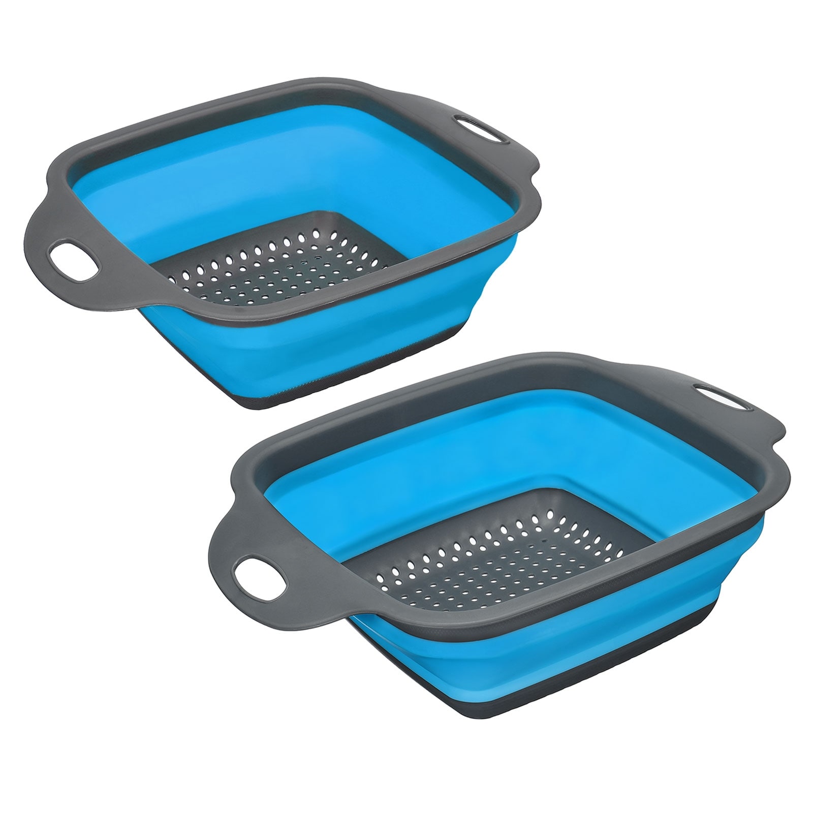 Collapsible Colander Set, 2 Size Silicone Square Foldable Strainer - Blue - 29cm x 22cm x 9cm