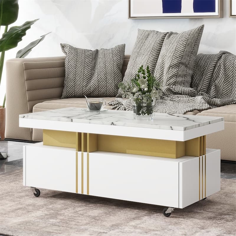 Merax Contemporary Coffee Table with Faux Marble Top, Rectangle Cocktail Table - White