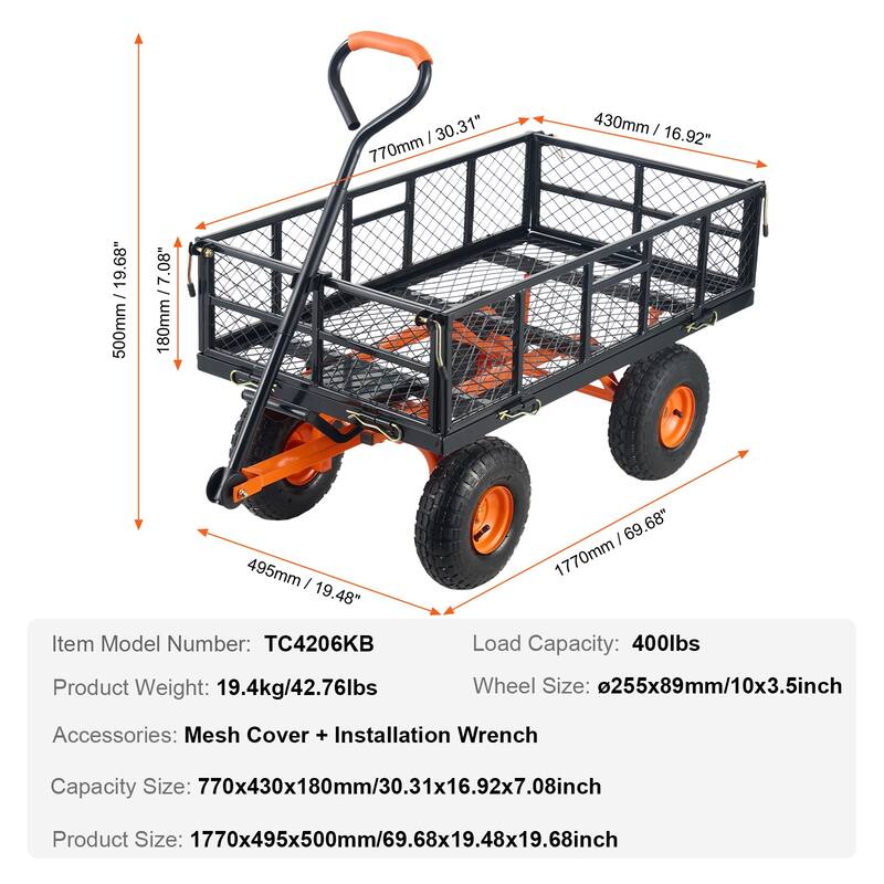 Garden Cart, Sturdy Metal Utility Wagon with Simple Assembly, Wheelbarrow with 400 lbs Load Capacity, Equipped with 10" Wheels