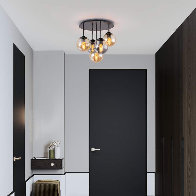 5 Lights Semi-Flush Mount Ceiling Light Smoky Gray&Amber Glass Globes - Dia.17.32-in