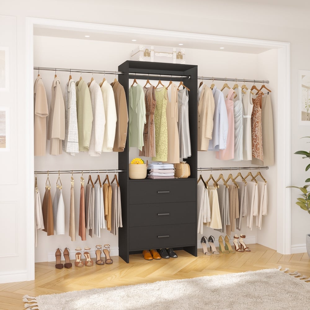 Cimly 118'' Closet Organizer with 3 Wooden Drawers, Adjustable Closet System with 5 Hanging Rods