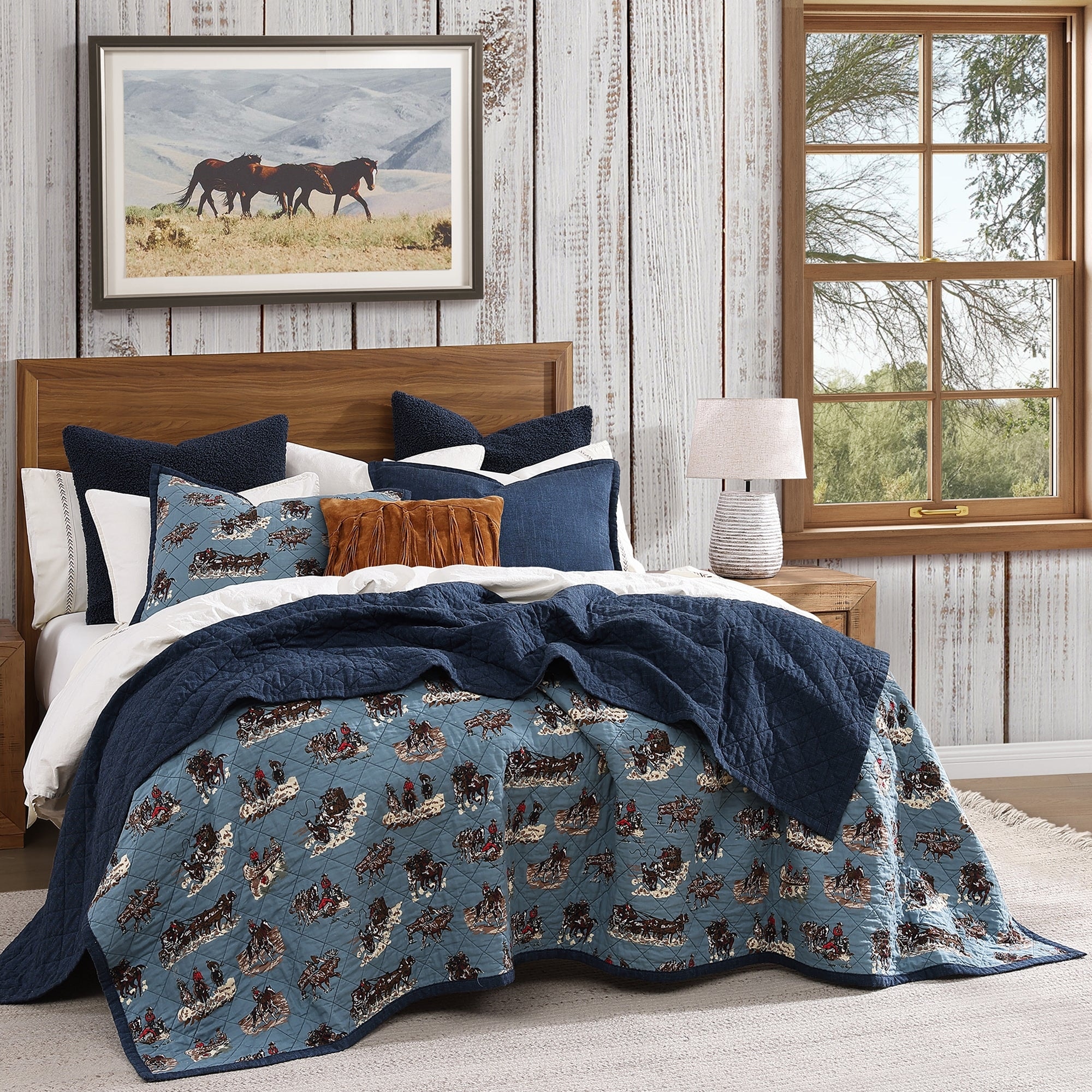 Tasha Polizzi Settler Blue Western Print and Solid Chambray Back 3 Piece Reversible Quilt with Pillow Shams