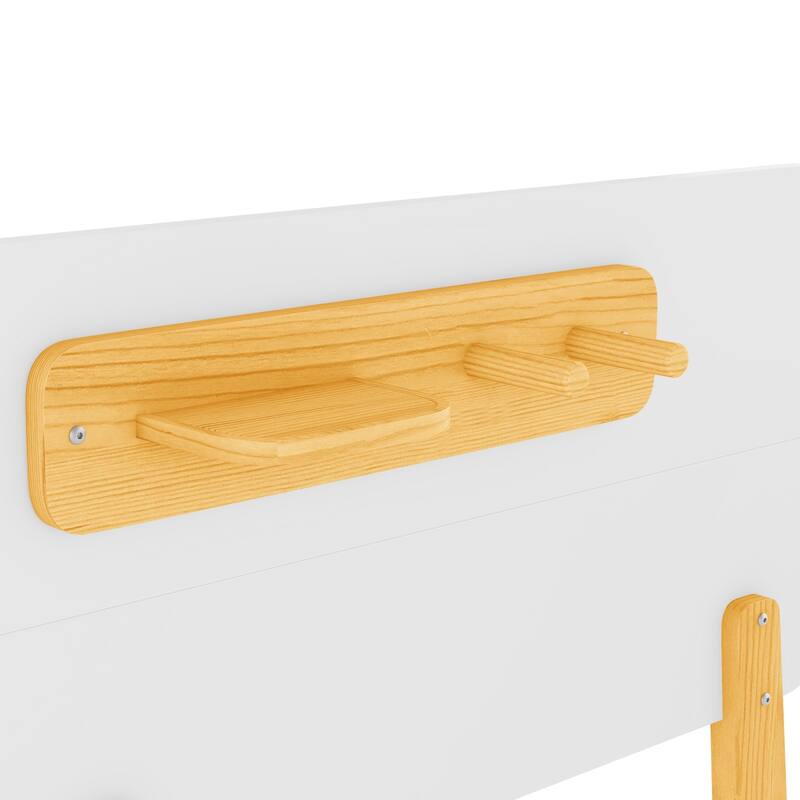 Kids Wood Platform Bed with Guardrails, Bottle Holder and 2 Hanging Rod, Convertible Toddler Daybed, Low Profile Design Frame