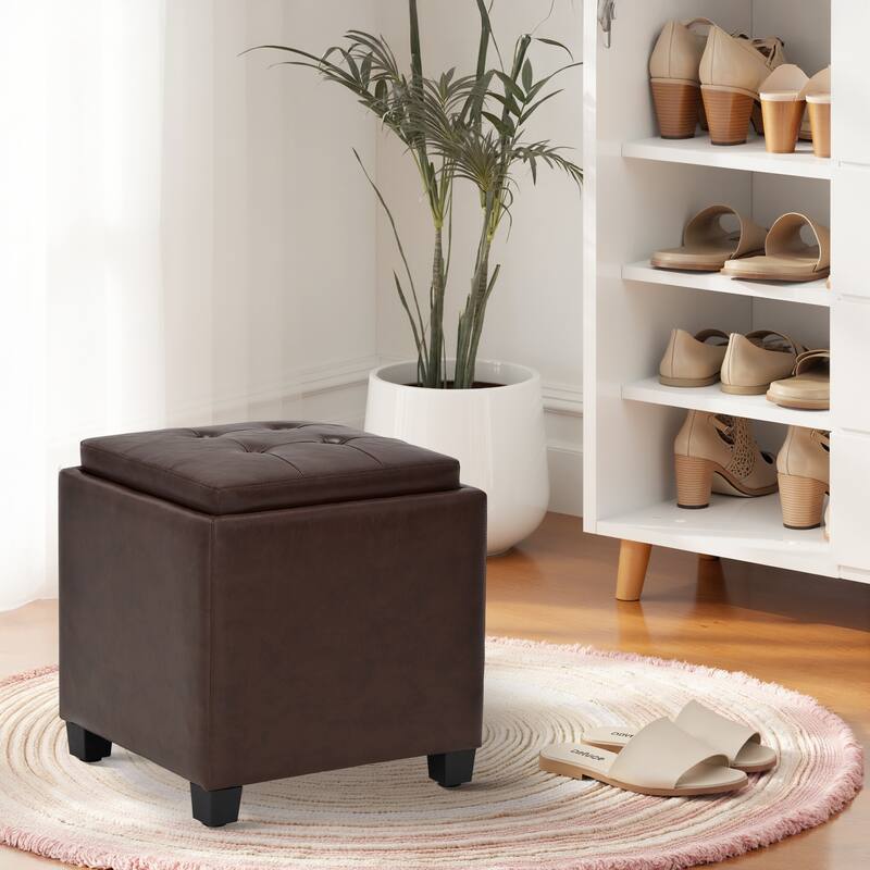​18" Square Storage Ottoman with Tray - 250LBS Weight Capacity, Leather Upholstered Footstool for Living Room