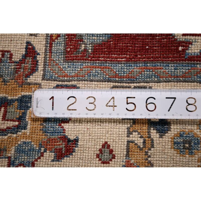 Red Geometric Kazak Foyer Rug Hand-Knotted Traditional Wool Carpet - 3'4" x 4'8"