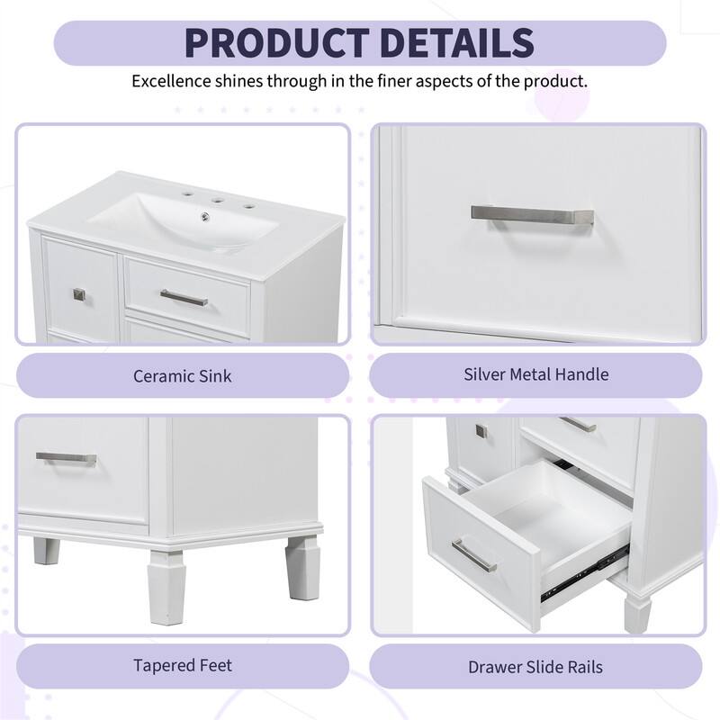 30'' Bathroom Vanity with Ceramic Sink, Freestanding Bathroom Vanity Cabinet with 3 Soft Close Drawers and 1 Flip-Out Drawer