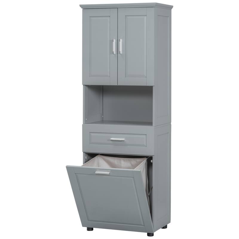 Waterproof Bathroom Cabinet with Tilt-Out Laundry Basket, Large Double Door Storage Cabinet with Adjustable Shelf and Drawer