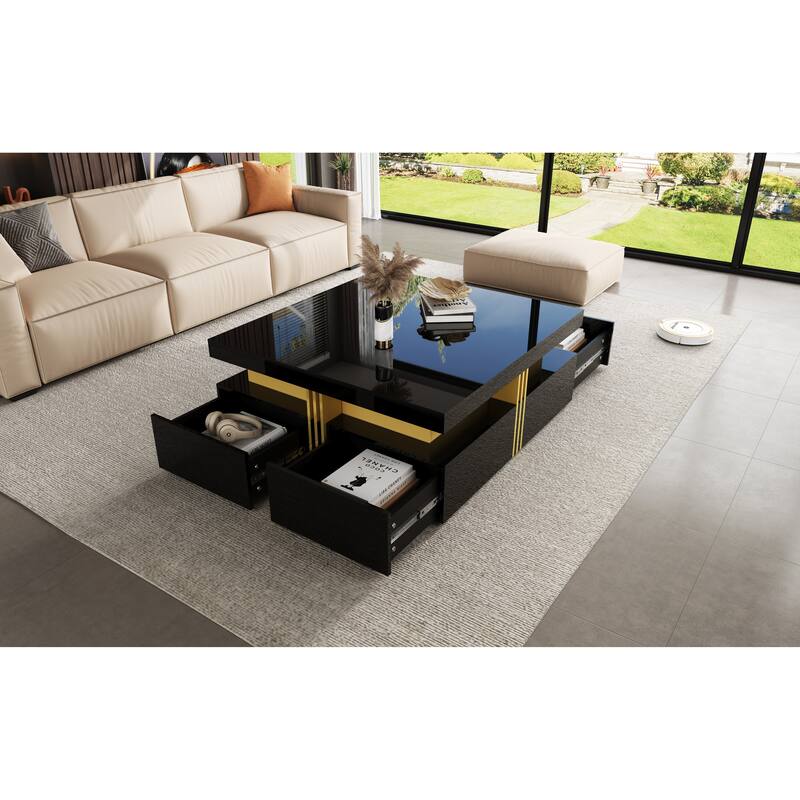 43.3" Modern Square Coffee Table with 4 Hidden Drawers, Glossy Living Room Table with Gold Accents, Space-Saving Storage Table