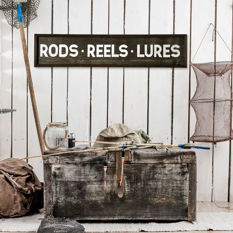 American Art Decor Rods, Reels, Lures Wood Novelty Wall Sign - 36" x 8" - 36" x 8"