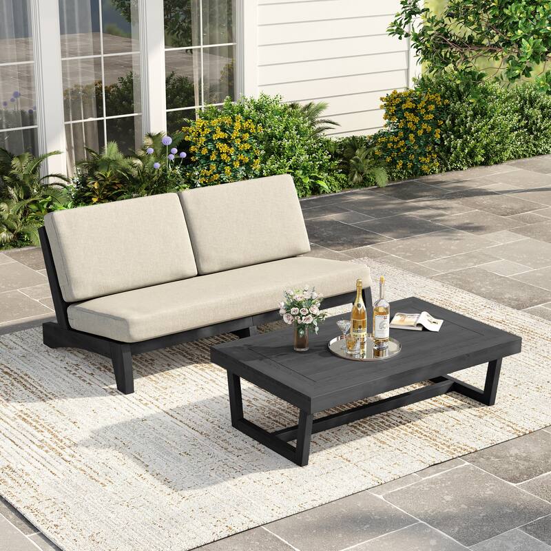 3 Seat Wood 64" W Cushioned Outdoor Patio Sofa with Coffee Table