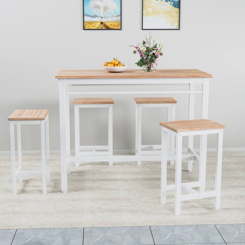 Simple Counter Height Dining Set Pub Table with 4 Stools, White Oak Bistro Table Set with 4 Bar Stools - White Oak