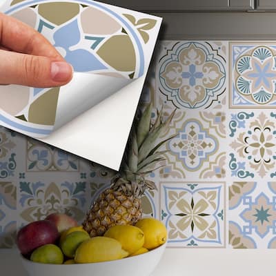 Walplus Light Blue Brown Traditional Spanish Tile Stickers Peel and Stick Sticker 6"x6"