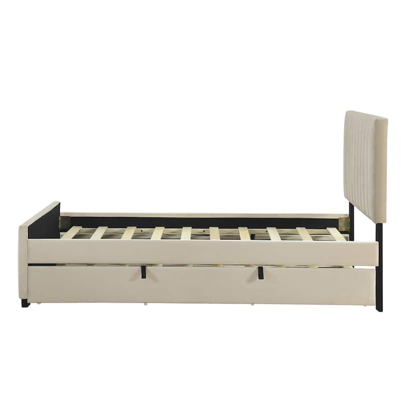 Velvet Fabric Upholstered Platform Bed with Twin Size Trundle