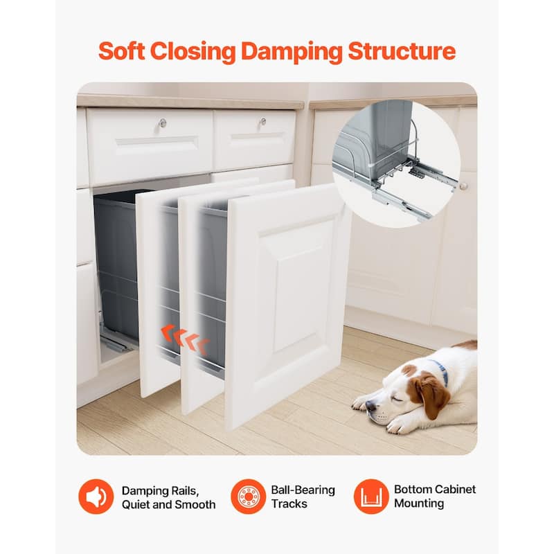 35QT Soft Close Pullout Trash Bin Under Cabinet Waste Container for Kitchen - 35-QT