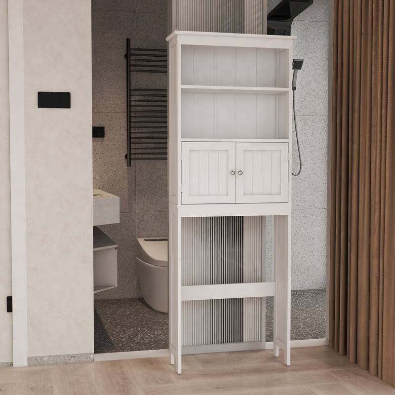 Over The Toilet Storage Cabinet, Bathroom Organizer with Two Shelves and Cabinet, Freestanding Wooden 2-Door Toilet Storage Rack