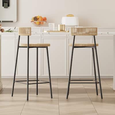 Hand Woven Bar Stools with Back Set of 2 Paper Rope Round Barstools with Footrest for Kitchen Island & Dining Rooms