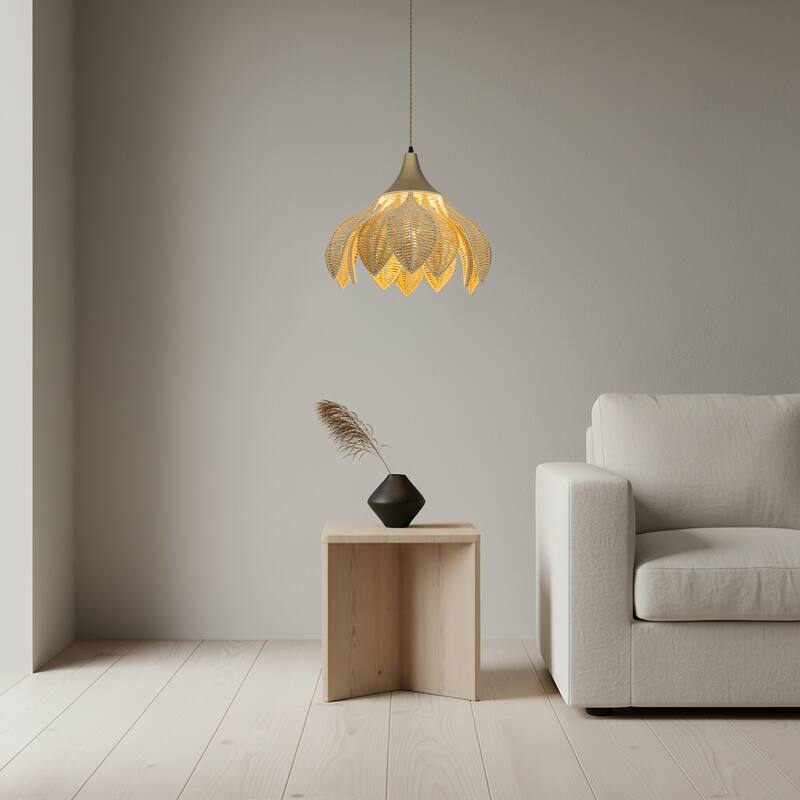 Yume 1-Light Rattan Lotus Pendant, Coastal Boho - Handwoven - 20" Wide