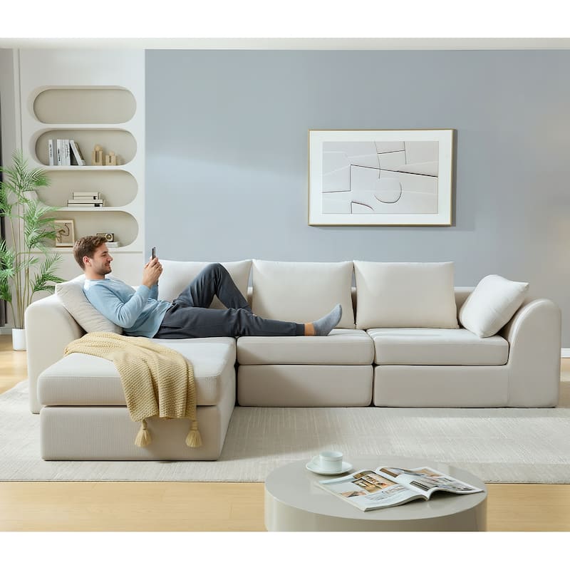 118 inch Oversized 3 Seater Deep Seat L-Shaped Sectional Couches Cloud Chenille Modular Boneless Sofa with Movable Ottoman