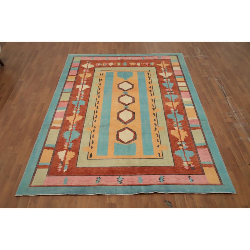 Hand Knotted Oriental 100% Wool Carpet Modern Geometric Multi-Colored Gabbeh Area Rug - 8' 10'' X 6' 3''