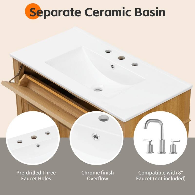 36" Bathroom Vanity with Sink, Cabinet, Flip-Out Drawer, 3 Drawers & 2 Soft-Close Doors