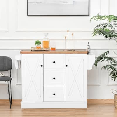 HOMCOM Farmhouse Mobile Kitchen Island Utility Cart with Barn Door Style Cabinets, Drawers and Wheels- White