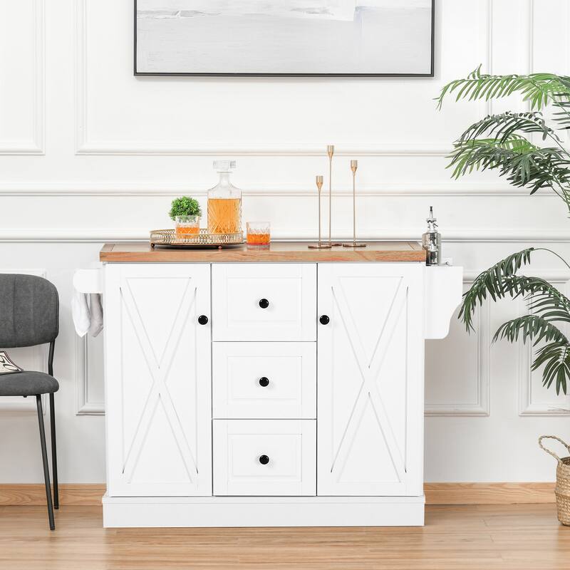 HOMCOM Farmhouse Mobile Kitchen Island Utility Cart with Barn Door Style Cabinets, Drawers and Wheels- White