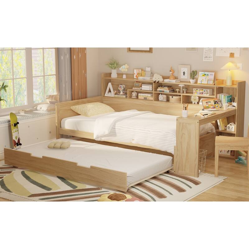Full Size Daybed with Storage Shelves, Multi-Functional Bed with Twin Trundle and Built-In Study Desk, Space-Saving Design