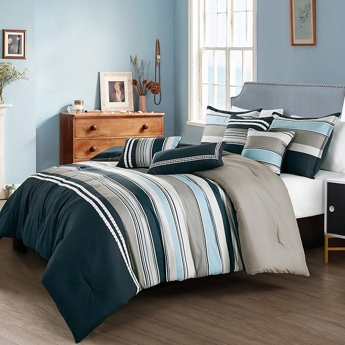 7 Piece Navy Light Blue Striped Comforter Set Embroidery Soft Bedding - King
