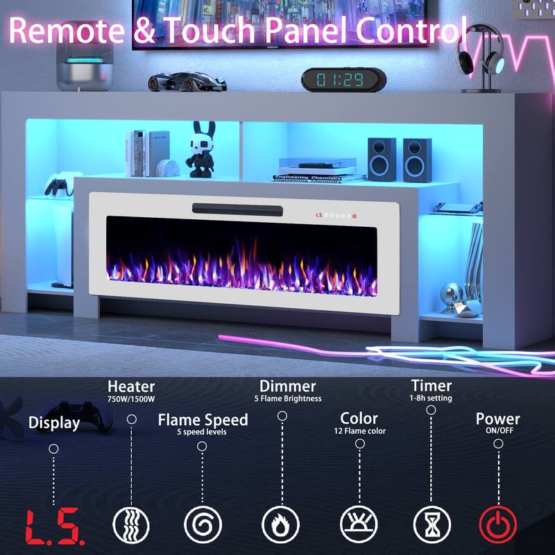 BOSSIN 82" Electric Fireplace TV Stand Entertainment Center, High Gloss with LED Lights, Holds TVs Up to 90 Inches, White