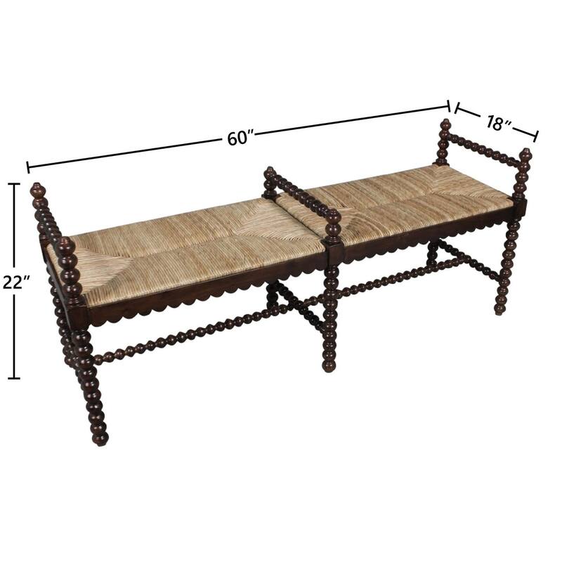 Isle of Man 60-inch Mahogany & Rush Accent Bench, Bobbin-Turned