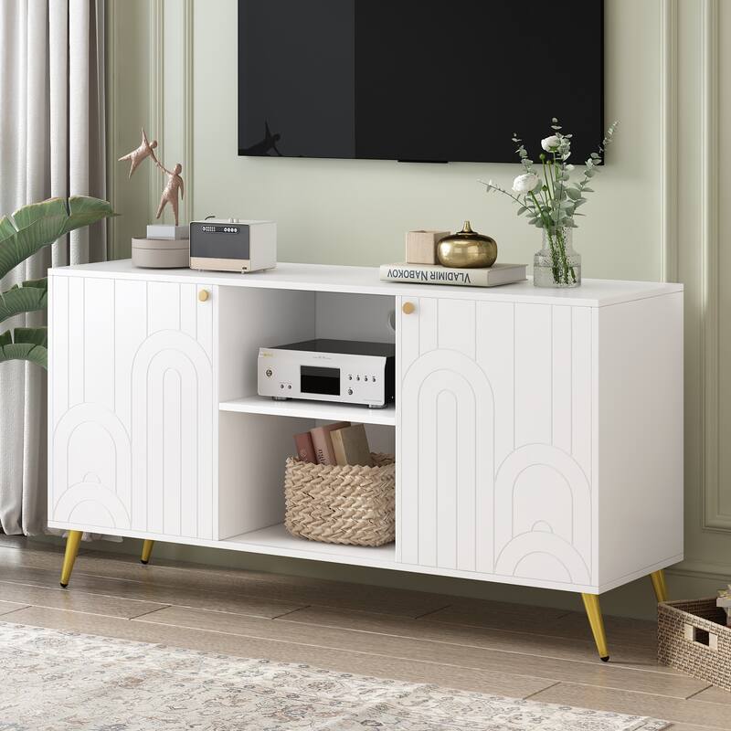 Roomfitters Modern TV Stand for up to 55 Inch TV, Media Console with Adjustable Shelf, Metal Legs and Handles - White
