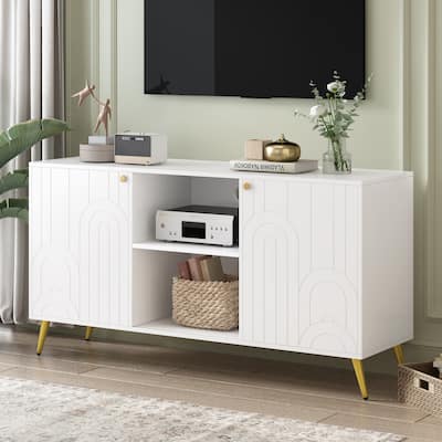 Wood TV Storage Console for TVs up to 55" Media TV Console Table w/ 2 Cabinets Modern Entertainment Center for Living Room