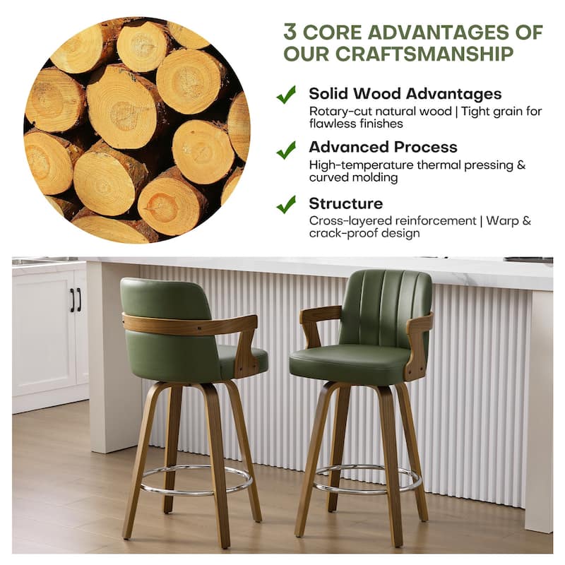 Upholstered Wood Swivel Counter Height Barstool with Arms - 37.8"H x 18.7"W x 19.29"D