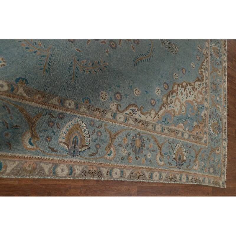 Tabriz Vintage Persian Area Rug Handmade Floral Blue Wool Carpet - 9'10" x 12'11"