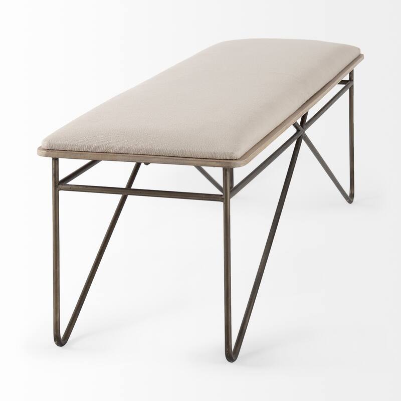 Camille Cream Fabric Seat w/ Dark Metal Frame Bench - 55.5"W x 16"D x 17"H