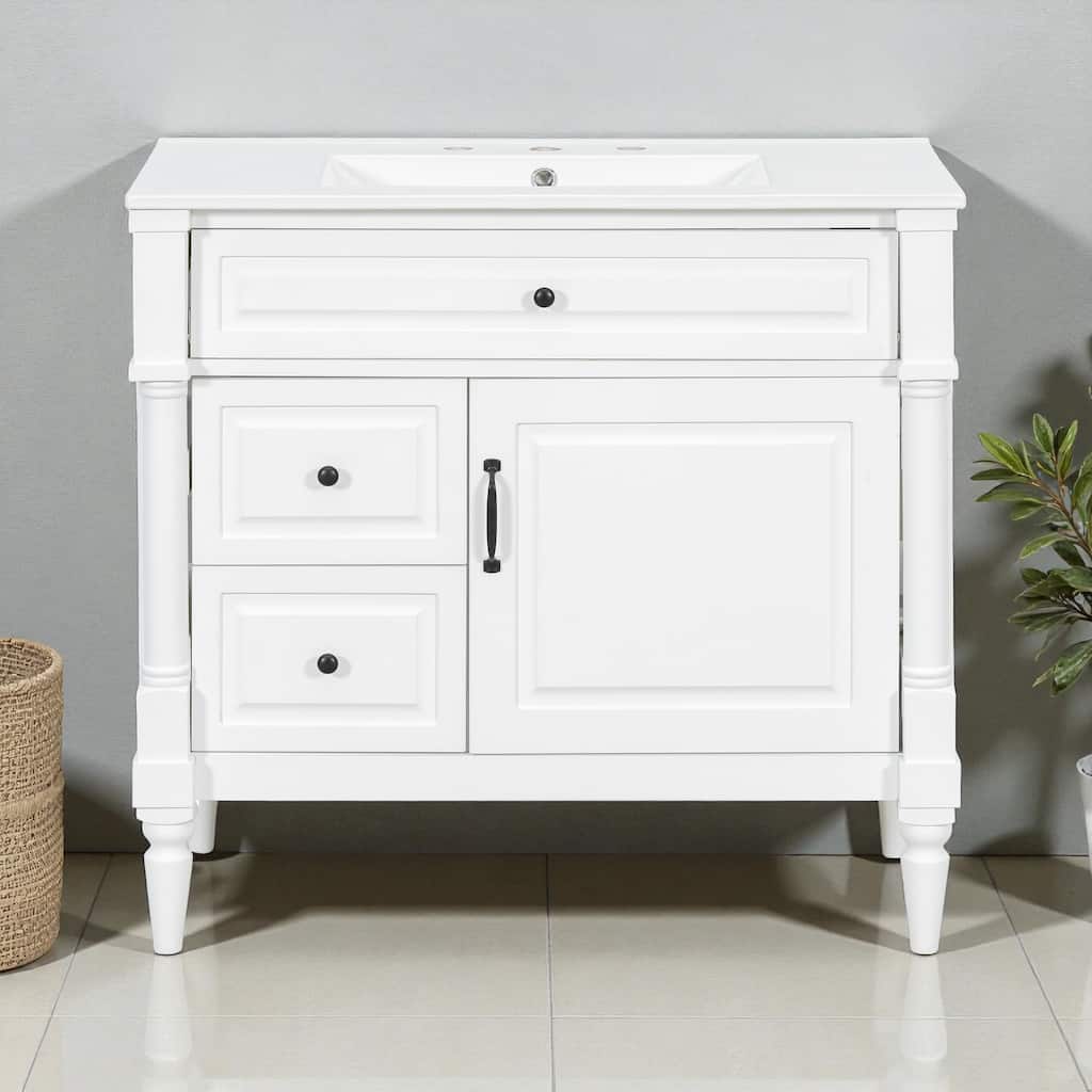 Modern 36-Inch Bathroom Vanity with Sink, Rubberwood and MDF Cabinet, Flip Drawer, Adjustable Shelf, and Storage Drawers