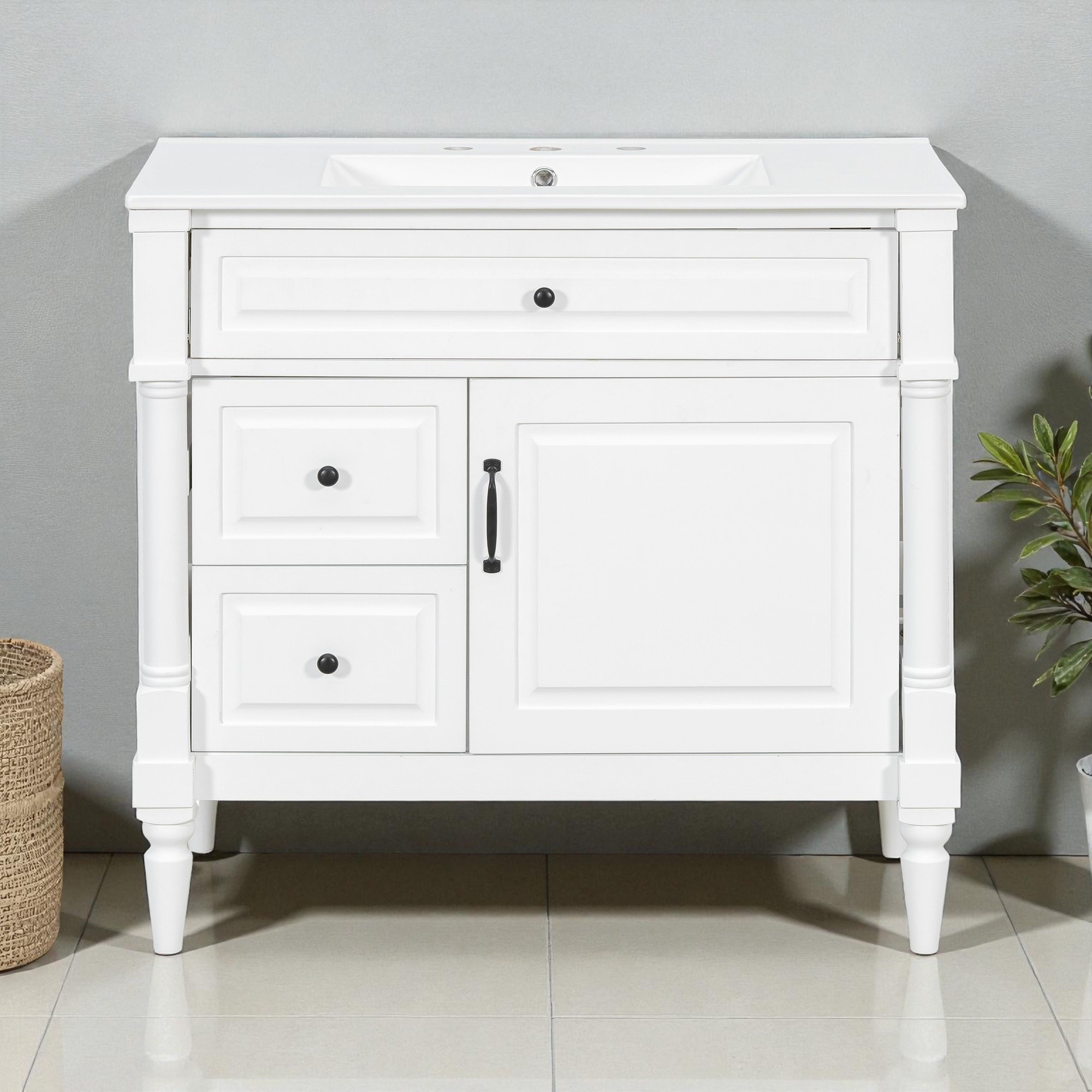 Modern 36-Inch Bathroom Vanity with Sink, Rubberwood and MDF Cabinet, Flip Drawer, Adjustable Shelf, and Storage Drawers