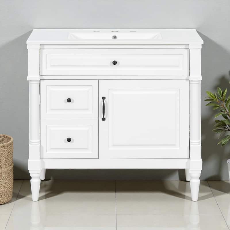 Modern 36-Inch Bathroom Vanity with Sink, Rubberwood and MDF Cabinet, Flip Drawer, Adjustable Shelf, and Storage Drawers - White