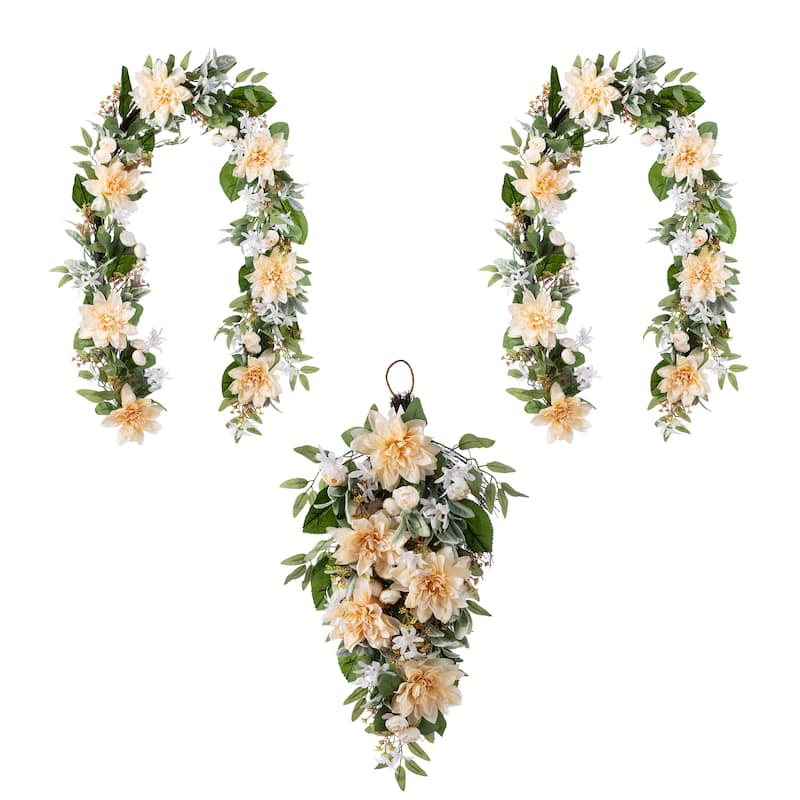 Glitzhome Peach Dahlia Floral Wreath Teardrop Garland - 2PKGarlands&1PKTeardrop