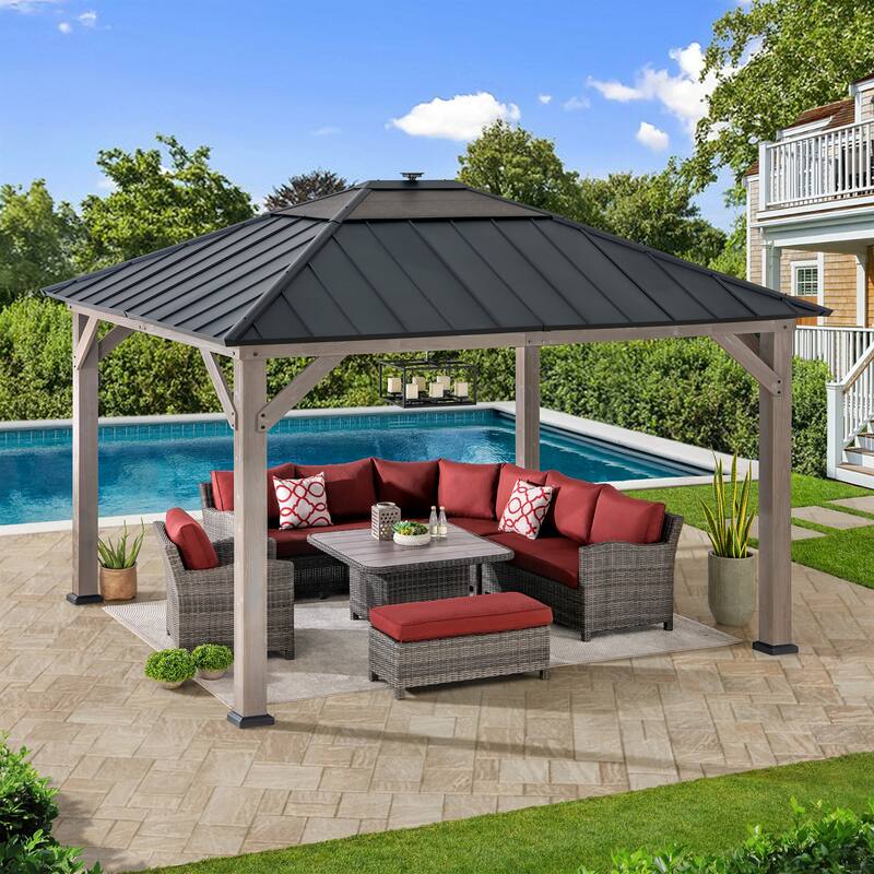 Sunjoy Outdoor Hardtop Gazebo Wooden Pergola with One-Tier Metal Roof, LED Light and Ceiling Hook - Black