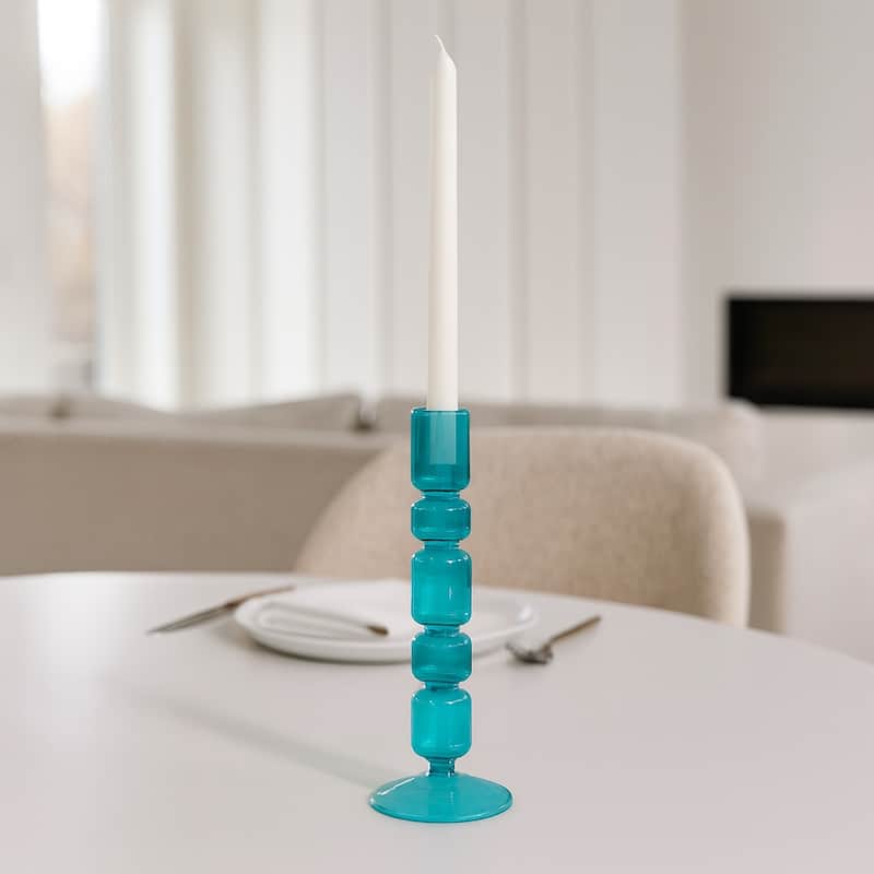 Glass Stacked Mix Bubble Taper Candle Holder - Blue