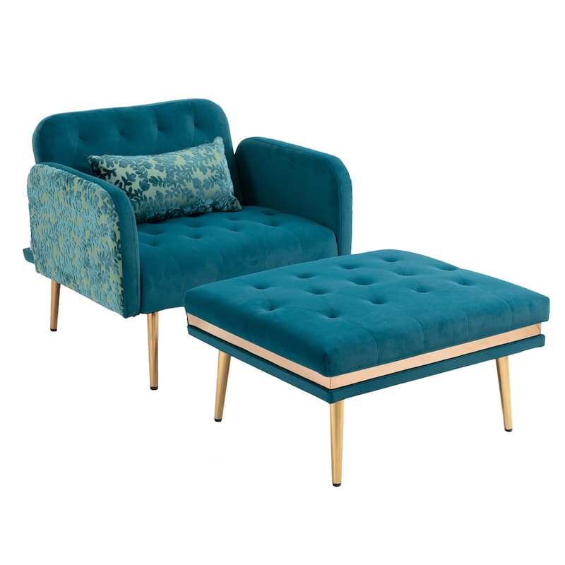 Velvet Upholstered Tufted Living Room Sleeper Chair With Ottoman