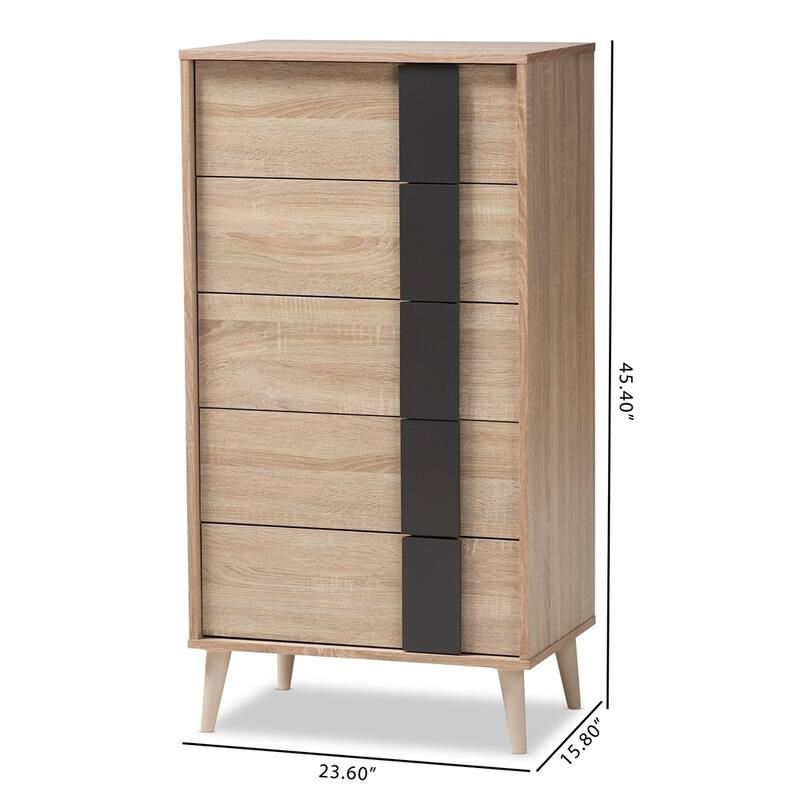 Lisen Mid-Century Modern Light Oak and Grey 5-Drawer Chest